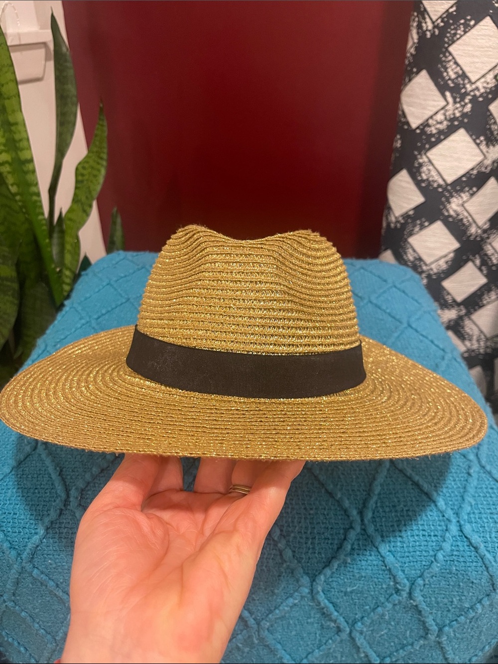 Straw Wide-Brim Fedora Hat with Black Band - Tan - Picture 5 of 9